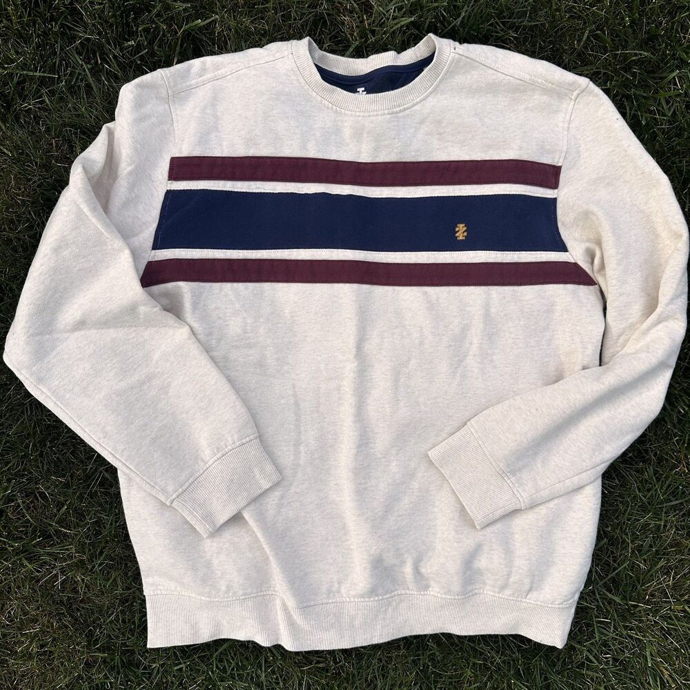 IZOD Mens Varsity Size XL Long Sleeve Sweatshirt Crewneck Soft Beige Maroon Blue
